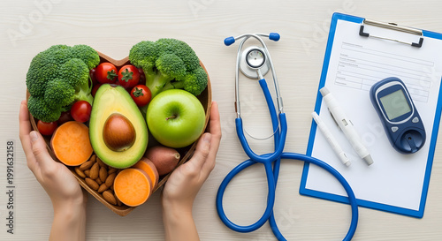 Hands holding a heart-shaped bowl filled with healthy foods, next to a stethoscope and medical equipment.