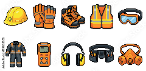 A collection of pixel art safety equipment including a hard hat, gloves, boots, vest, goggles, uniform, meter, headphones, tool belt, and mask on a white background.