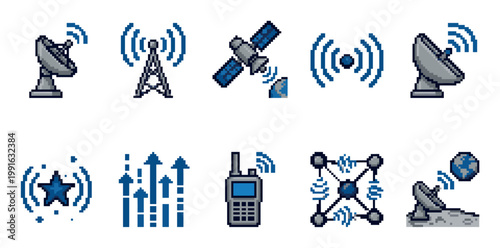A collection of pixel art icons representing various communication technologies, including satellite dishes, towers, satellites, and wireless signals, rendered in a retro digital style.