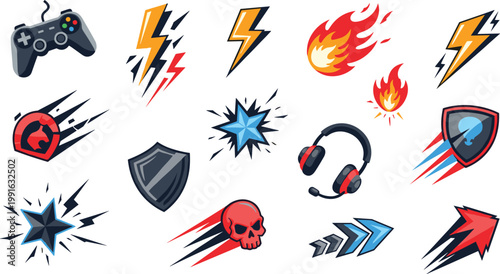Game Action and Effect Icons Set with Lightning Fire Explosion Shield Skull Speed Arrows and Dynamic Combat Symbols for UI Design.