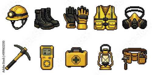 A collection of pixel art icons representing essential mining safety gear and tools, including a helmet, boots, gloves, vest, mask, pickaxe, detector, first aid kit, lantern, and tool belt.