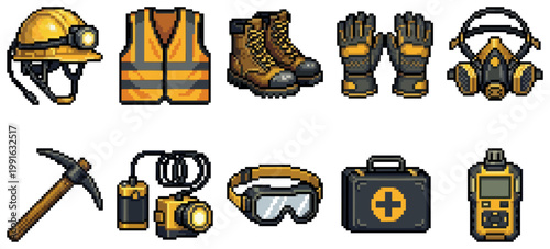 This pixel art collection features essential construction and safety gear, including a helmet, vest, boots, gloves, respirator, pickaxe, and first aid kit, perfect for industrial or gaming concepts.