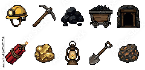 A pixel art collection of mining equipment and resources including a helmet, pickaxe, coal, cart, mine entrance, dynamite, gold, lantern, and shovel.