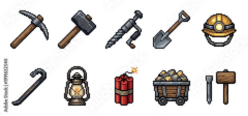 A pixel art collection of mining equipment, including a pickaxe, hammer, drill, shovel, helmet, crowbar, lantern, dynamite, mine cart with gold, and nails.