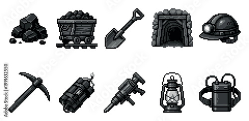 This pixel art collection features essential mining equipment and resources, including coal, a mine cart, shovel, mine entrance, helmet, pickaxe, dynamite, drill, lantern, and backpack.