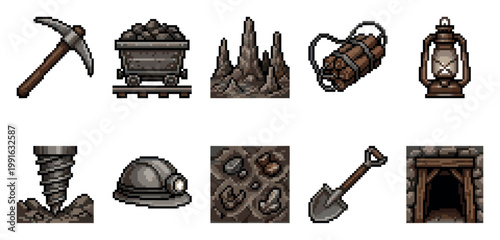 This pixel art collection features various mining tools like a pickaxe and shovel, along with a mine cart, drill, lantern, and cave entrance, perfect for game development.