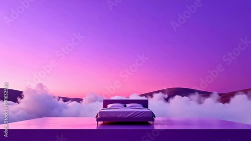 Bed on platform with purple sky