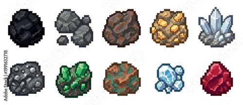 This pixel art collection features ten distinct mineral and gem clusters, including coal, iron ore, amethyst, emerald, gold ore, and diamonds, perfect for game development and fantasy themes.