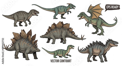 Collection of Prehistoric Dinosaur Illustrations on White Background.