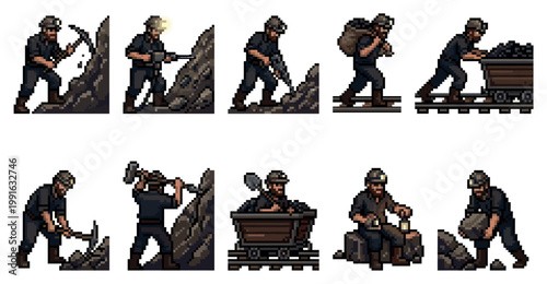 A collection of pixel art illustrations depicting miners performing various tasks in a dark, underground environment, using tools like pickaxes and drills.