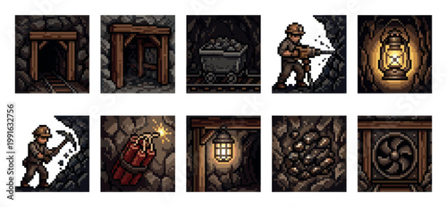 A collection of pixel art icons and elements depicting mining activities, tools, and mine shafts with a dark, gritty aesthetic suitable for games or graphics.