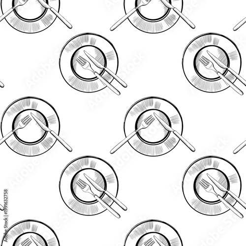 Dinner plate and cutlery seamless pattern in minimalist vector line art. Repeating tableware background for restaurant menu design, kitchen textile print, catering wrap and hospitality graphics