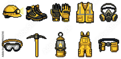 A pixel art collection displays various construction safety items, including a hard hat, boots, gloves, vest, respirator, goggles, pickaxe, lantern, overalls, and tool belt.