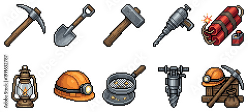A collection of pixel art illustrations depicting various mining tools and equipment, including a pickaxe, shovel, hammer, drill, dynamite, lantern, hard hat, and cart, set against a white background.