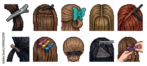 A collection of pixel art illustrations showcasing various hairstyles and hair styling accessories like clips, bows, combs, and hairpins on different hair colors.