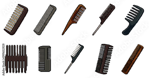 A collection of diverse pixel art hair combs in various styles and colors are displayed against a clean white background, suggesting grooming and styling.