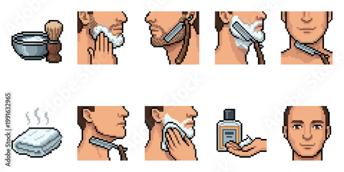 This pixel art collection illustrates the steps of a traditional wet shave, from preparing the lather to the final smooth finish.