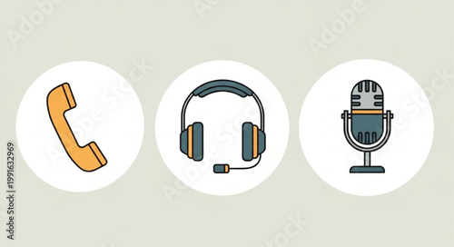 Communication icons telephone headset microphone symbols.