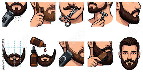 A collection of pixel art illustrations depicting various stages and tools for beard grooming, including trimming, oiling, combing, and shaving for a well-maintained appearance.