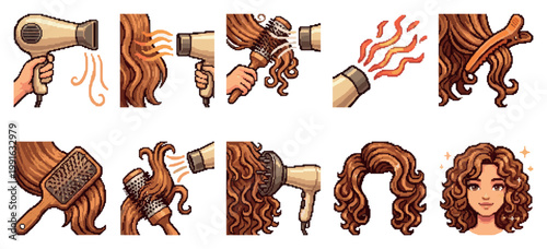 A pixel art set illustrating steps of drying and styling curly brown hair using a hairdryer, brush, and comb, culminating in a portrait of a happy woman.