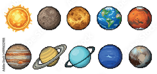A colorful pixel art collection showcases the sun and nine planets of our solar system, offering a retro and playful representation of space exploration and astronomy.