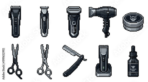 A pixel art collection features barber tools like clippers, scissors, razor, hairdryer, and beard balm, set against a white background.