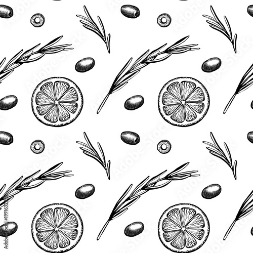 Mediterranean herbs and lemon seamless pattern in minimalist vector line art. Repeating citrus, olive and rosemary background for organic cosmetic packaging, healthy food wrap and textile print