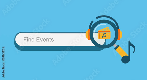 Search bar with magnifying glass and musical elements representing music event discovery.