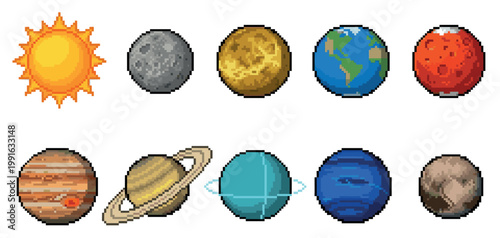 A collection of pixel art illustrations depicting the sun and planets of our solar system, presented on a white background.