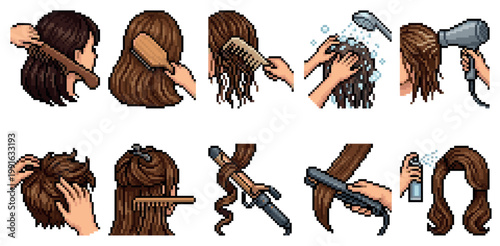 Pixel art collection illustrating various hair styling steps from brushing and washing to blow-drying and curling, suitable for beauty and DIY content.