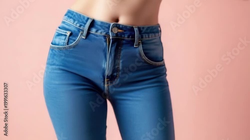Young woman in blue denim jeans against pink background