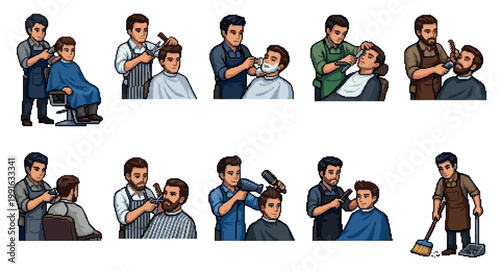A pixel art collection depicts barbers cutting hair, shaving beards, and cleaning up, showing various aspects of a barber shop.