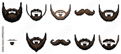 This pixel art collection features a variety of beard and mustache styles in brown tones, perfect for retro gaming or digital design projects.