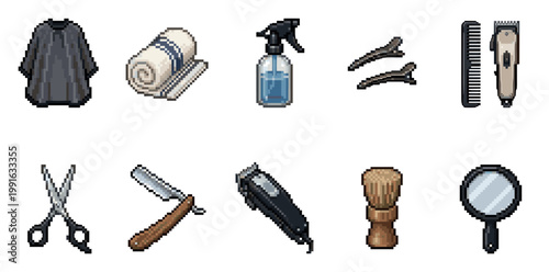 A collection of pixel art icons depicting various barber tools including scissors, clippers, a comb, a razor, and a spray bottle, suitable for digital designs.