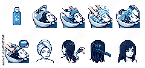 A pixel art sequence illustrating a woman's hair washing and styling routine, from shampooing to brushing, against a white background.
