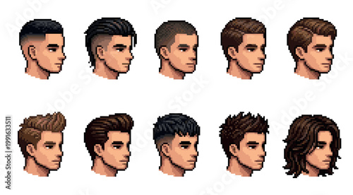 A collection of ten pixel art portraits showcasing diverse male hairstyles and cuts, from fades to longer styles, against a clean white background.
