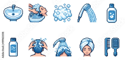 This pixel art set depicts hygiene and hair care icons including a sink, washing hair in a basin, shampoo bottles, shower head, bubbles, and hair tools.