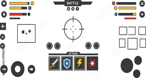 Game Battle HUD Interface Icons Set with Health Bars Action Buttons Crosshair Controls and Status Panels for Modern Video Game UI Design.
