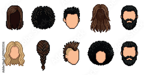 A pixel art collection of diverse faces with various hairstyles and beards, presented on a clean white background.