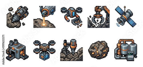 Collection of pixel art icons depicting futuristic space mining equipment, drones, and infrastructure against a white background.