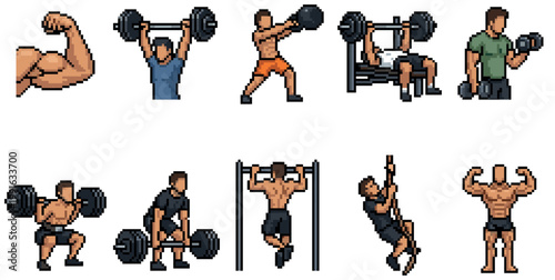 A collection of pixel art icons depicting diverse fitness activities and muscular figures, representing strength training, weightlifting, and physical exercise.