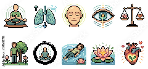 A collection of pixel art icons representing concepts of wellness, meditation, breathing, balance, nature, and heart health, ideal for digital projects.