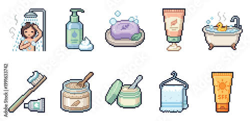 This pixel art set features various bathroom and hygiene essentials like a shower, soap, toothbrush, and bath, perfect for digital projects needing a retro aesthetic.