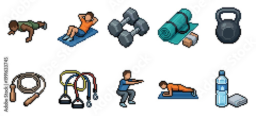 Pixel art collection of people exercising and fitness equipment, including dumbbells, kettlebell, yoga mat, jump rope, resistance bands, and water bottle.