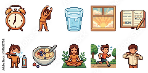 A collection of pixel art icons depicting a morning routine, including waking up, exercise, hygiene, breakfast, and journaling.