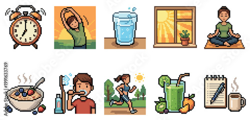 This pixel art collection illustrates a healthy morning routine with icons for waking up, stretching, hydration, meditation, breakfast, hygiene, and exercise.