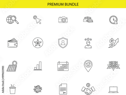 Global business strategy and management line icon set including globe search camera books clock and financial data chart.