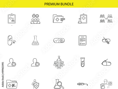 Medical research and laboratory icon set featuring test tubes flasks pills syringes patient records and healthcare symbols.