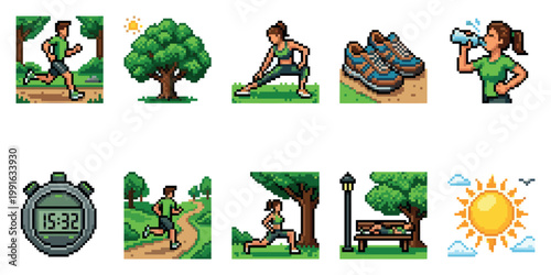 A collection of pixel art illustrations depicting various outdoor park activities, fitness, and healthy lifestyle elements, perfect for digital designs.