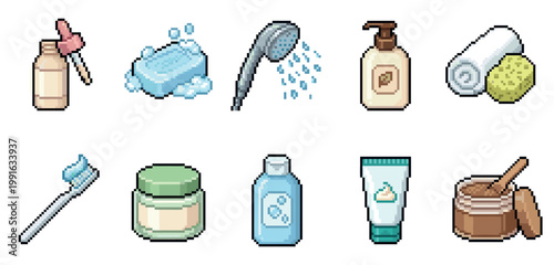 A collection of pixel art icons featuring various bath and body care products, including soap, showerhead, lotions, toothbrush, and creams, presented on a white background.